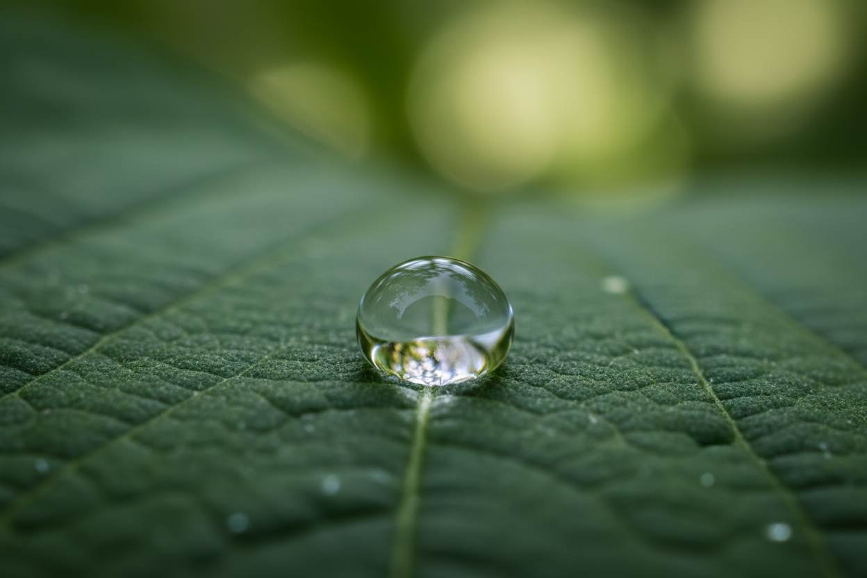 a close up of a clear dewdrop on a forest green leaf