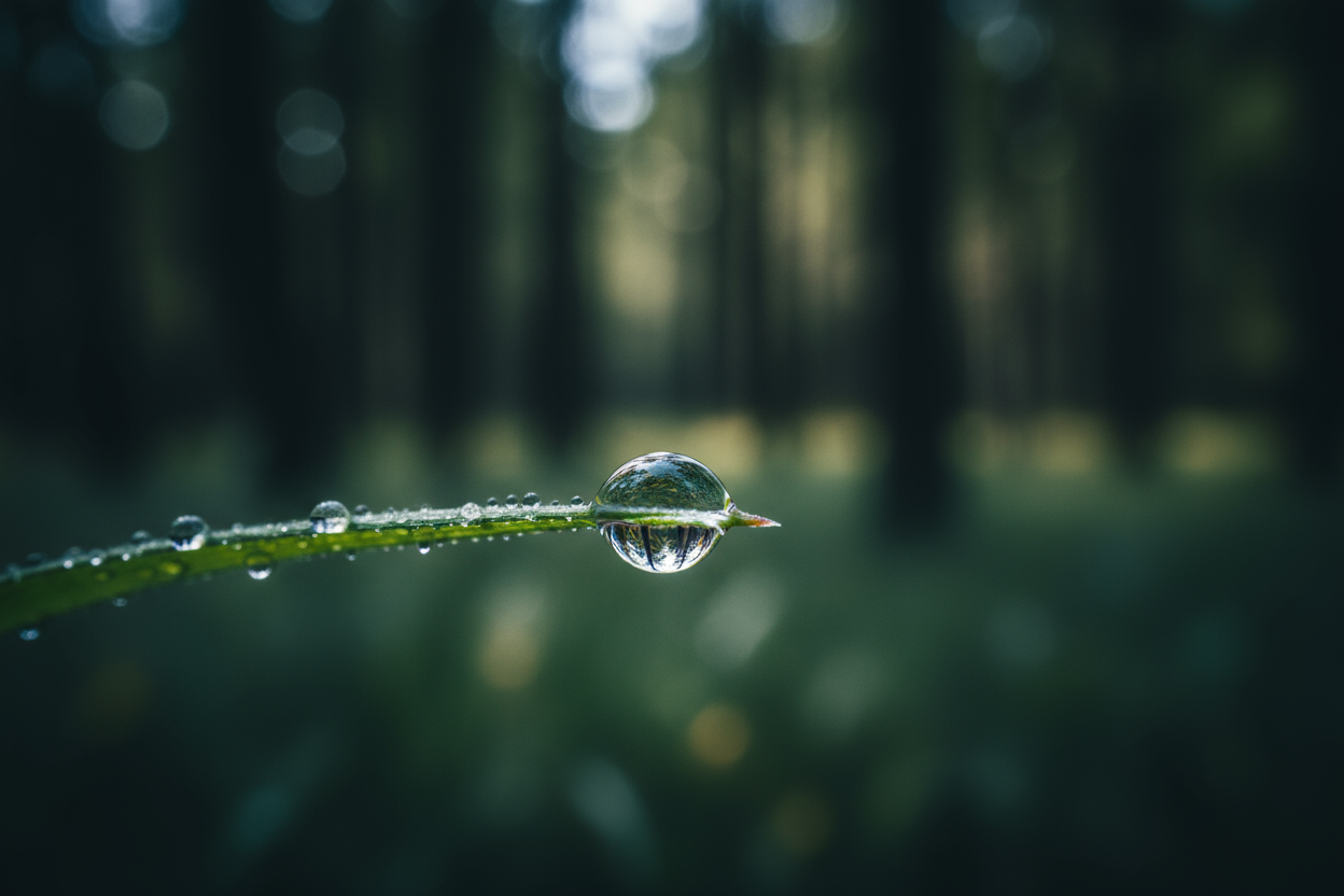 A close up of a  singular dewdrop with deep dark forest background